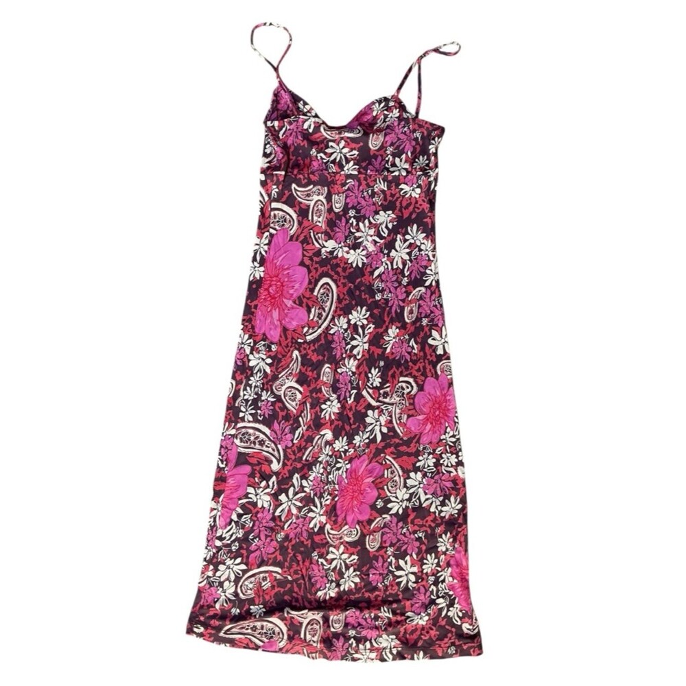 Free People floral midi dress ruched bust strappy slip boho S - Picture 3 of 6
